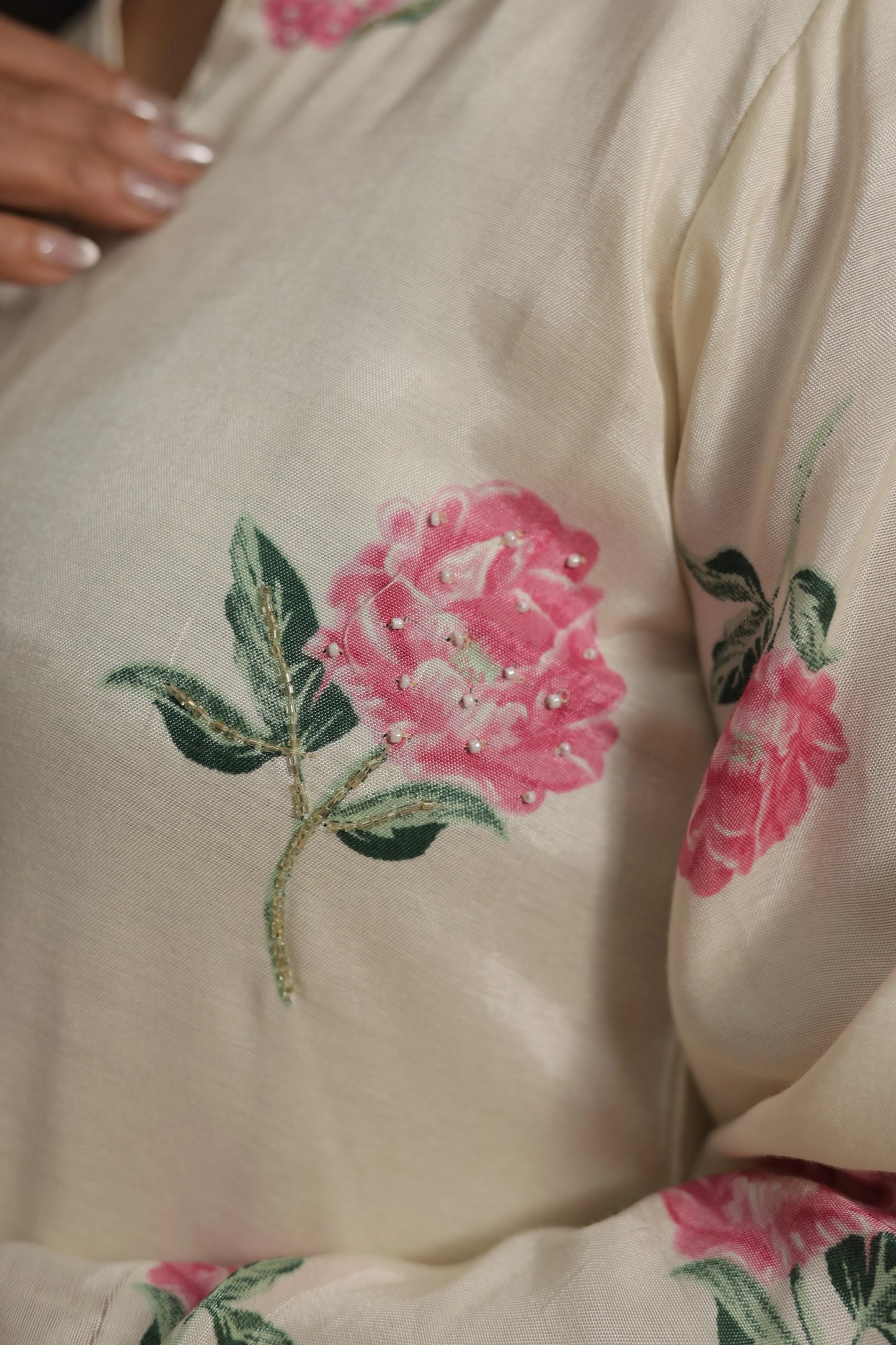 Off White Printed Co'ord Set | Soft Silk | Pearl Work & Floral Print