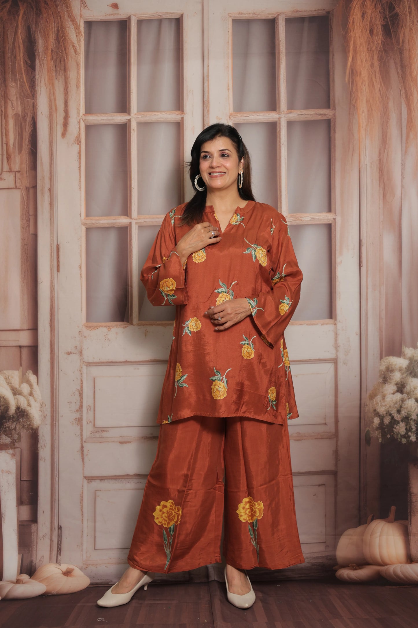 Dark Rust Printed Co'ord Set | Soft Silk | Pearl Work & Floral Print