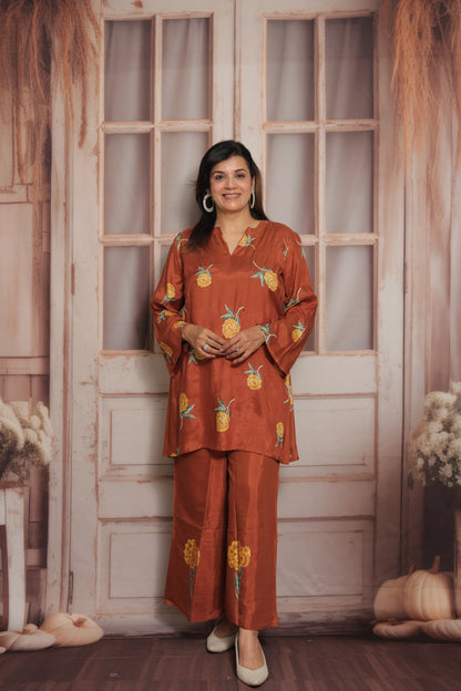 Dark Rust Printed Co'ord Set | Soft Silk | Pearl Work & Floral Print