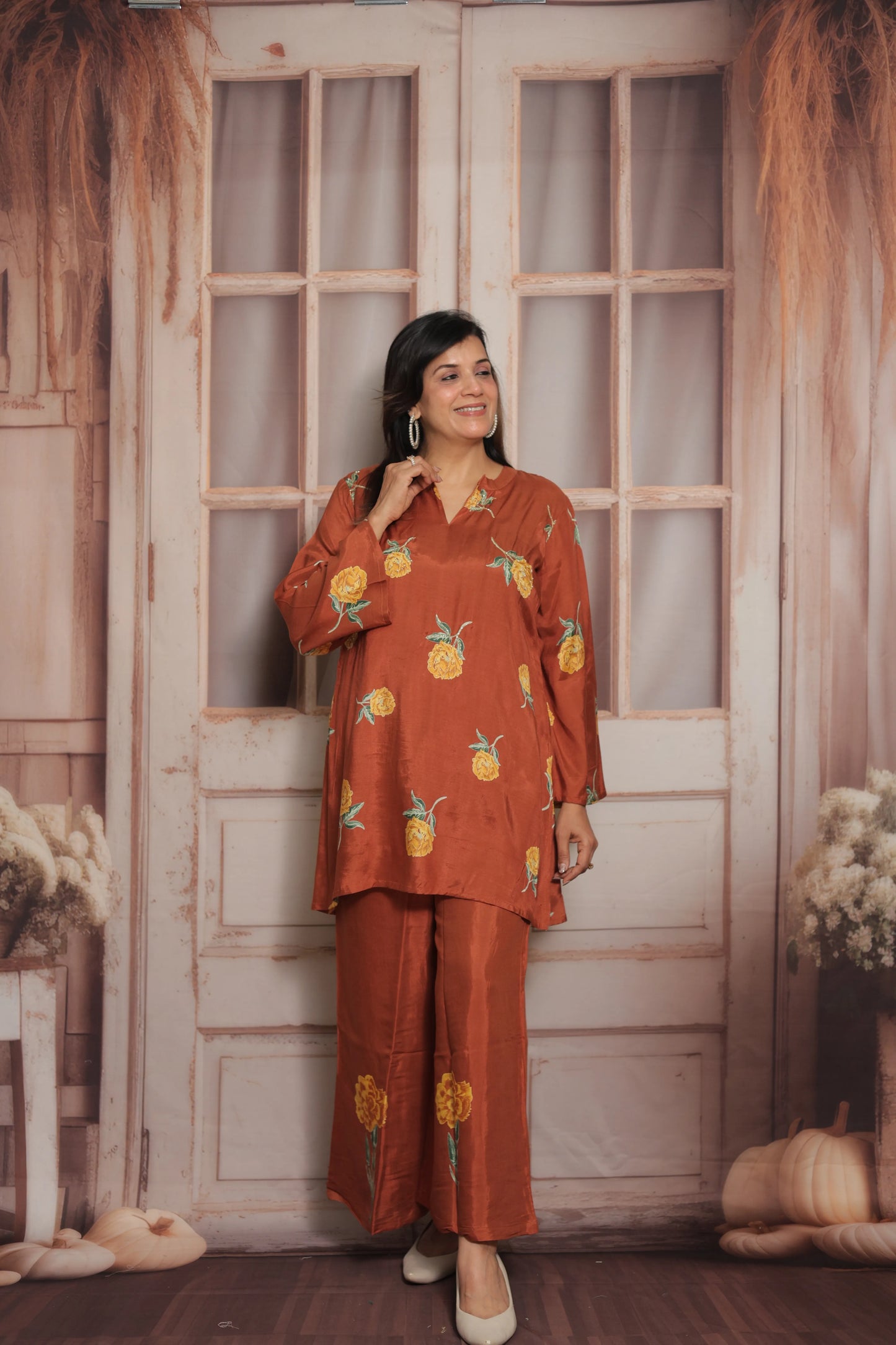 Dark Rust Printed Co'ord Set | Soft Silk | Pearl Work & Floral Print