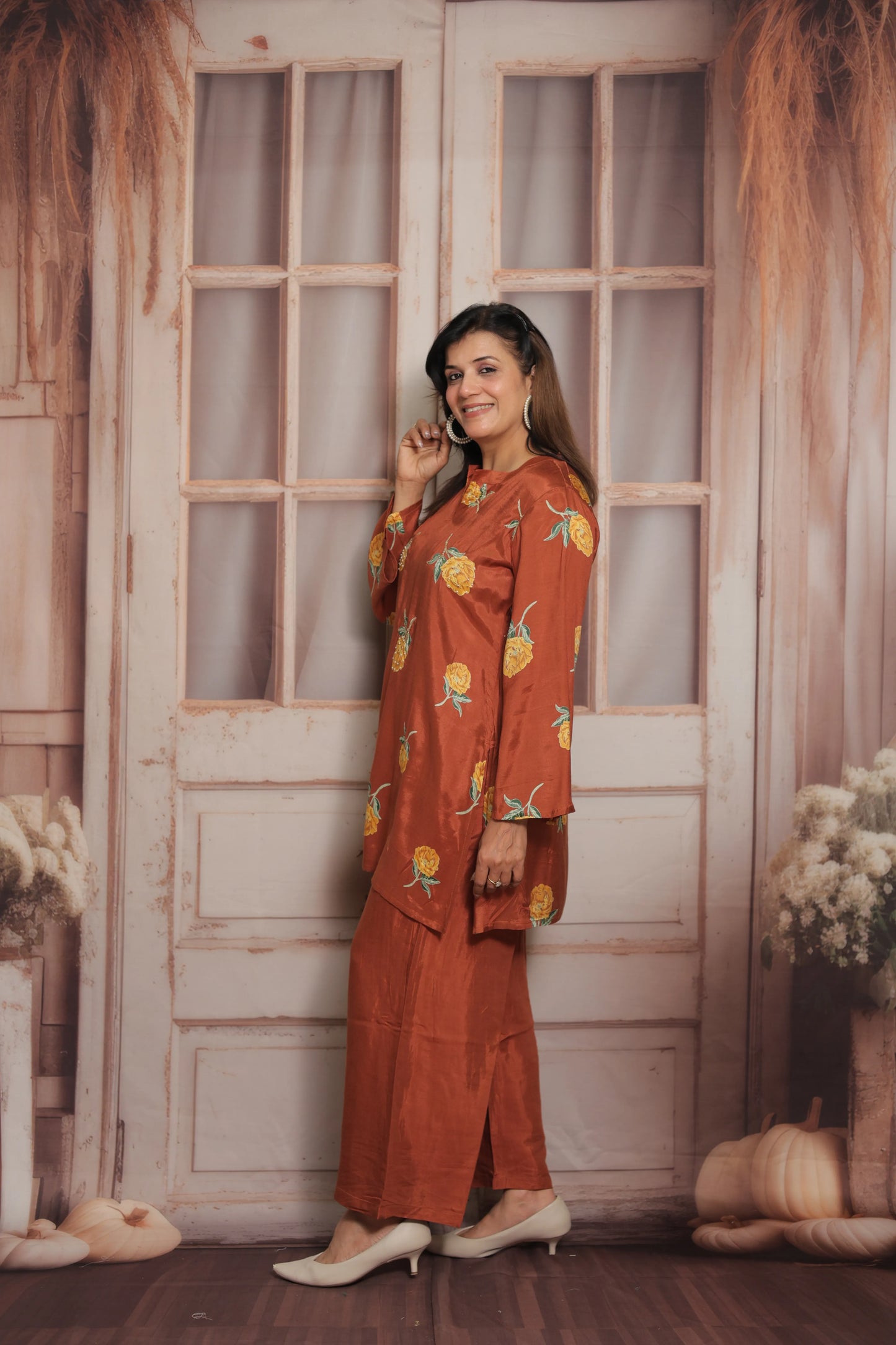 Dark Rust Printed Co'ord Set | Soft Silk | Pearl Work & Floral Print