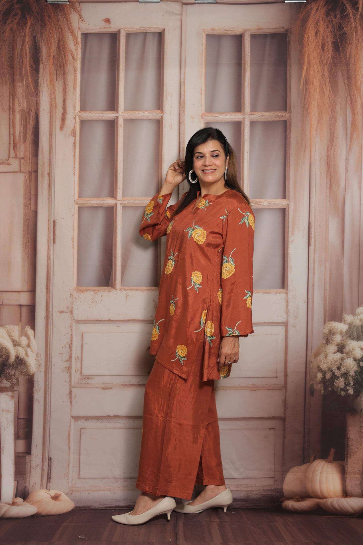 Dark Rust Printed Co'ord Set | Soft Silk | Pearl Work & Floral Print