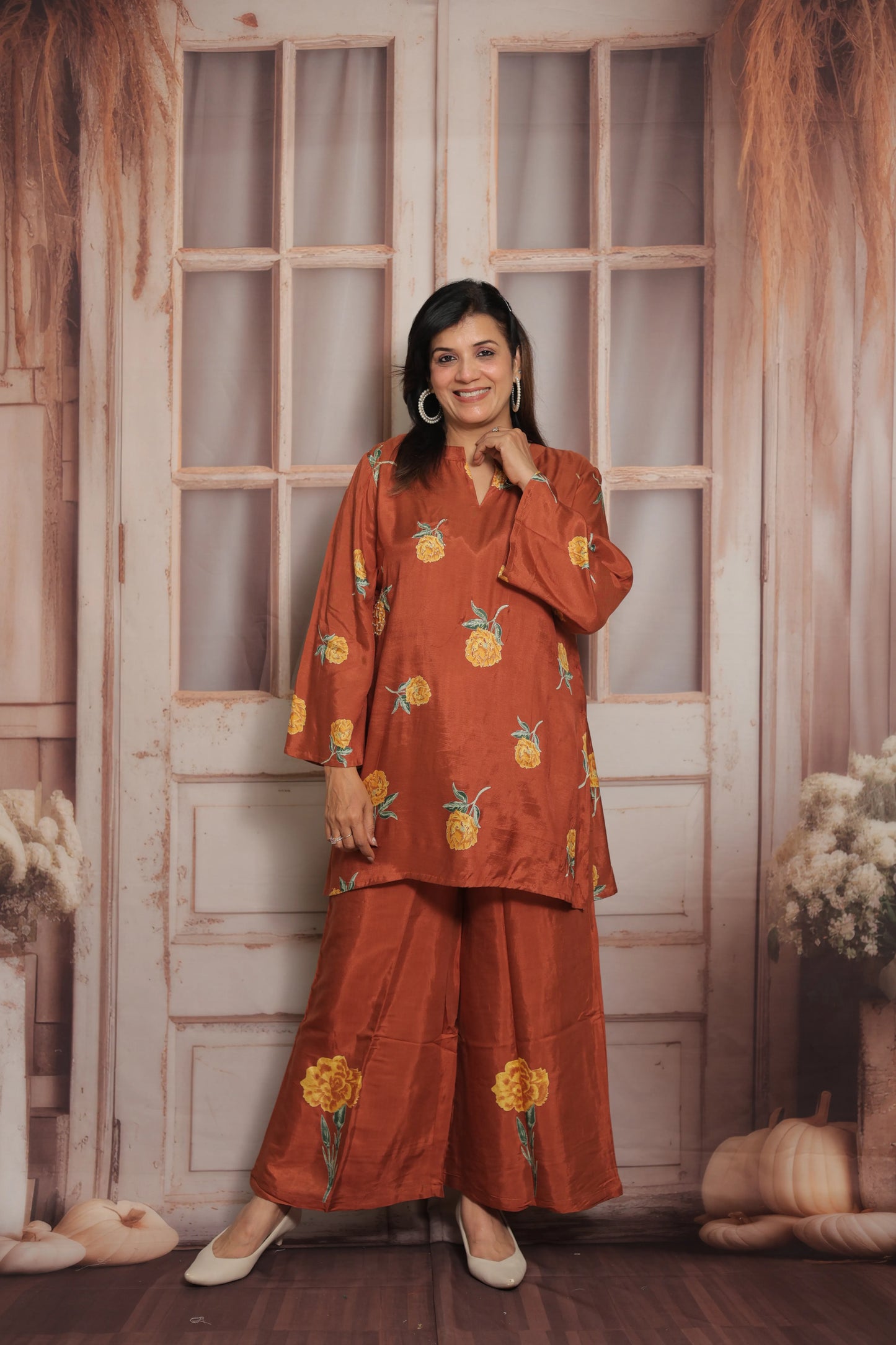 Dark Rust Printed Co'ord Set | Soft Silk | Pearl Work & Floral Print