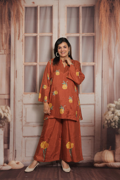Dark Rust Printed Co'ord Set | Soft Silk | Pearl Work & Floral Print