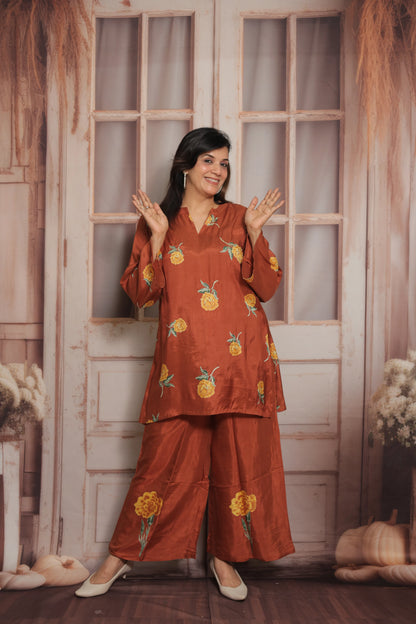 Dark Rust Printed Co'ord Set | Soft Silk | Pearl Work & Floral Print