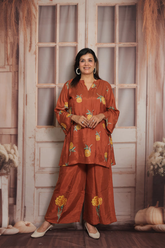 Dark Rust Printed Co'ord Set | Soft Silk | Pearl Work & Floral Print