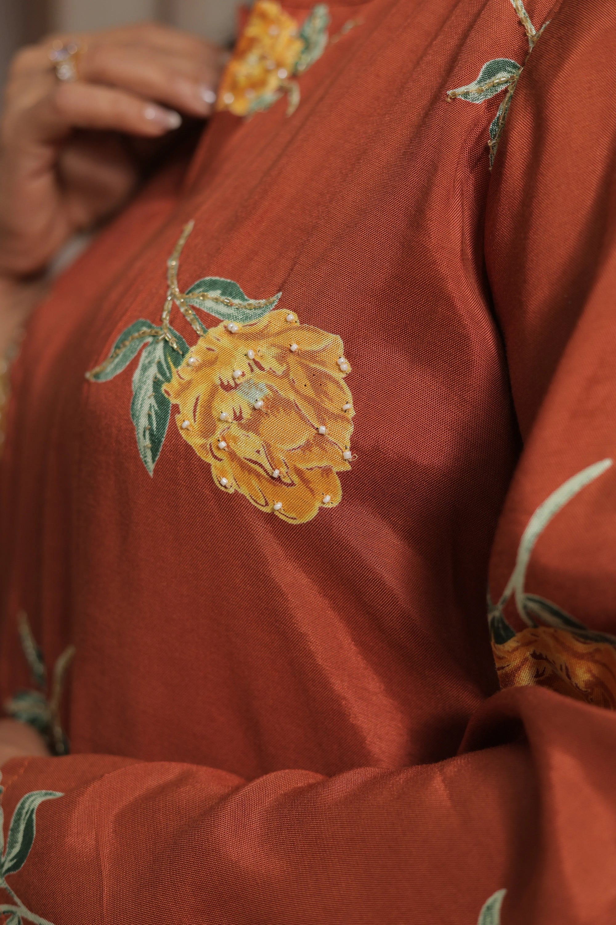 Dark Rust Printed Co'ord Set | Soft Silk | Pearl Work & Floral Print
