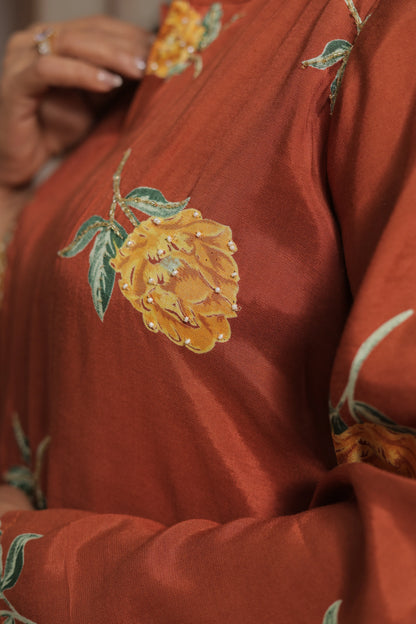 Dark Rust Printed Co'ord Set | Soft Silk | Pearl Work & Floral Print