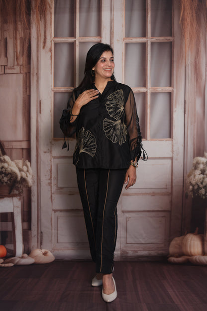 Black Muslin Co-ord Set | Organza Sleeves & Floral Thread Embroidery