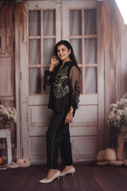 Black Muslin Co-ord Set | Organza Sleeves & Floral Thread Embroidery