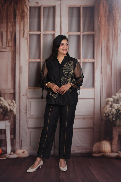 Black Muslin Co-ord Set | Organza Sleeves & Floral Thread Embroidery