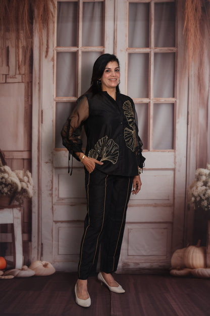 Black Muslin Co-ord Set | Organza Sleeves & Floral Thread Embroidery