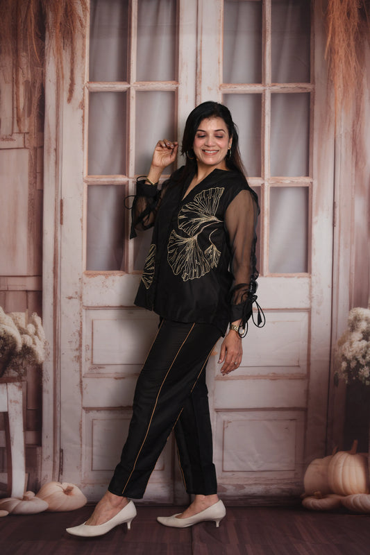 Black Muslin Co-ord Set | Organza Sleeves & Floral Thread Embroidery