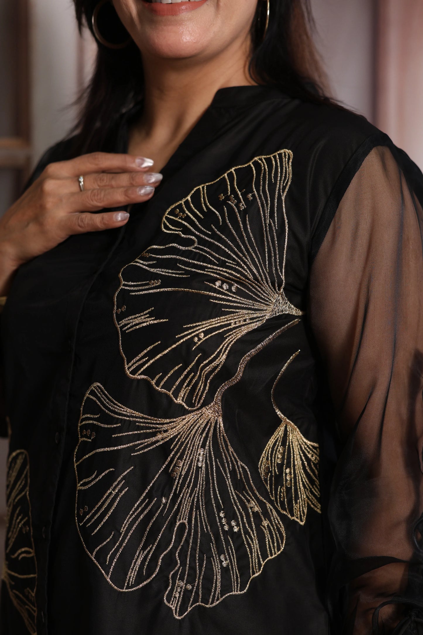 Black Muslin Co-ord Set | Organza Sleeves & Floral Thread Embroidery