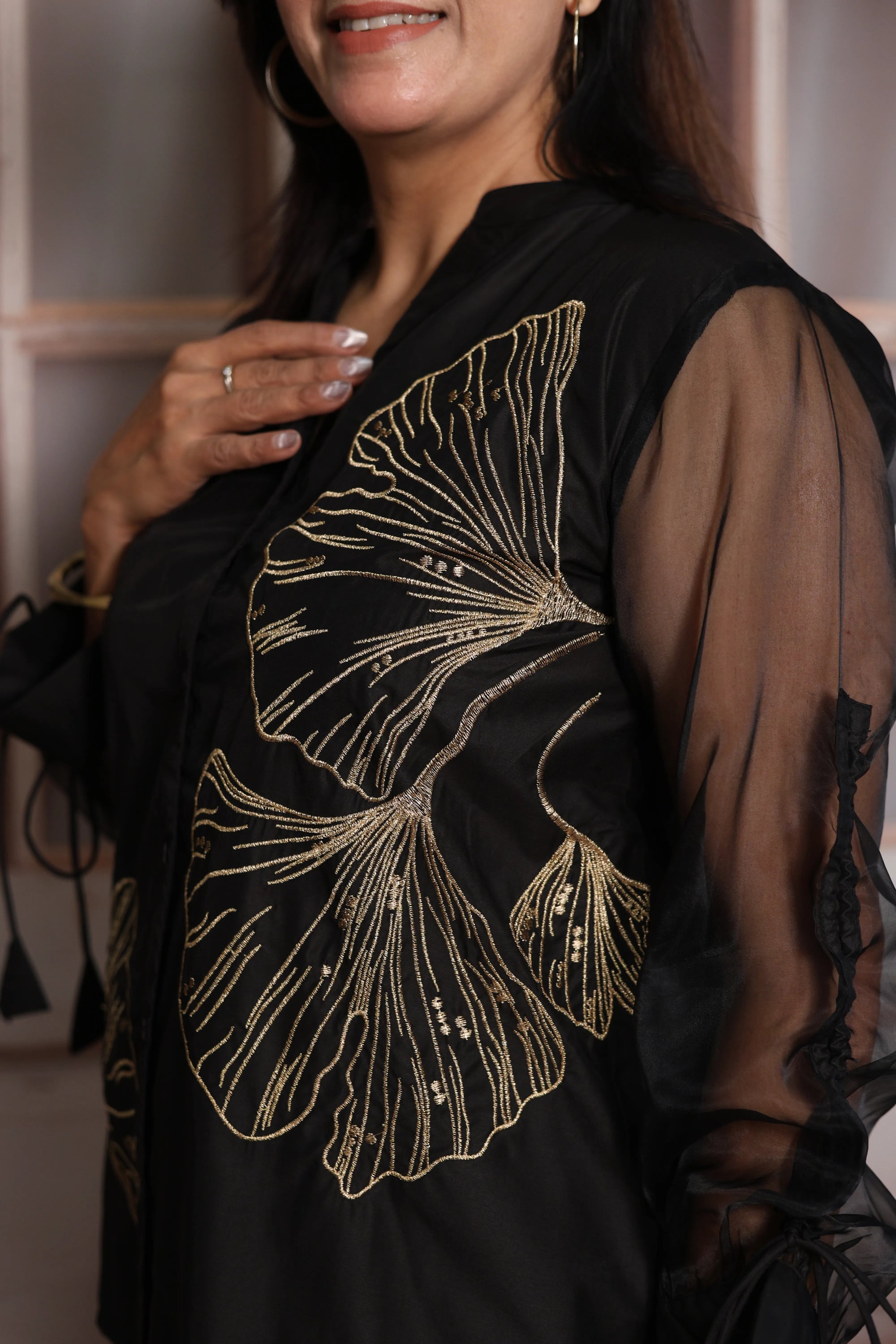 Black Muslin Co-ord Set | Organza Sleeves & Floral Thread Embroidery
