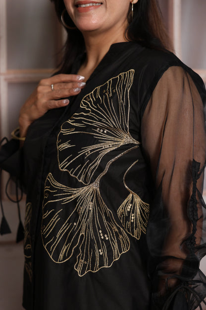 Black Muslin Co-ord Set | Organza Sleeves & Floral Thread Embroidery