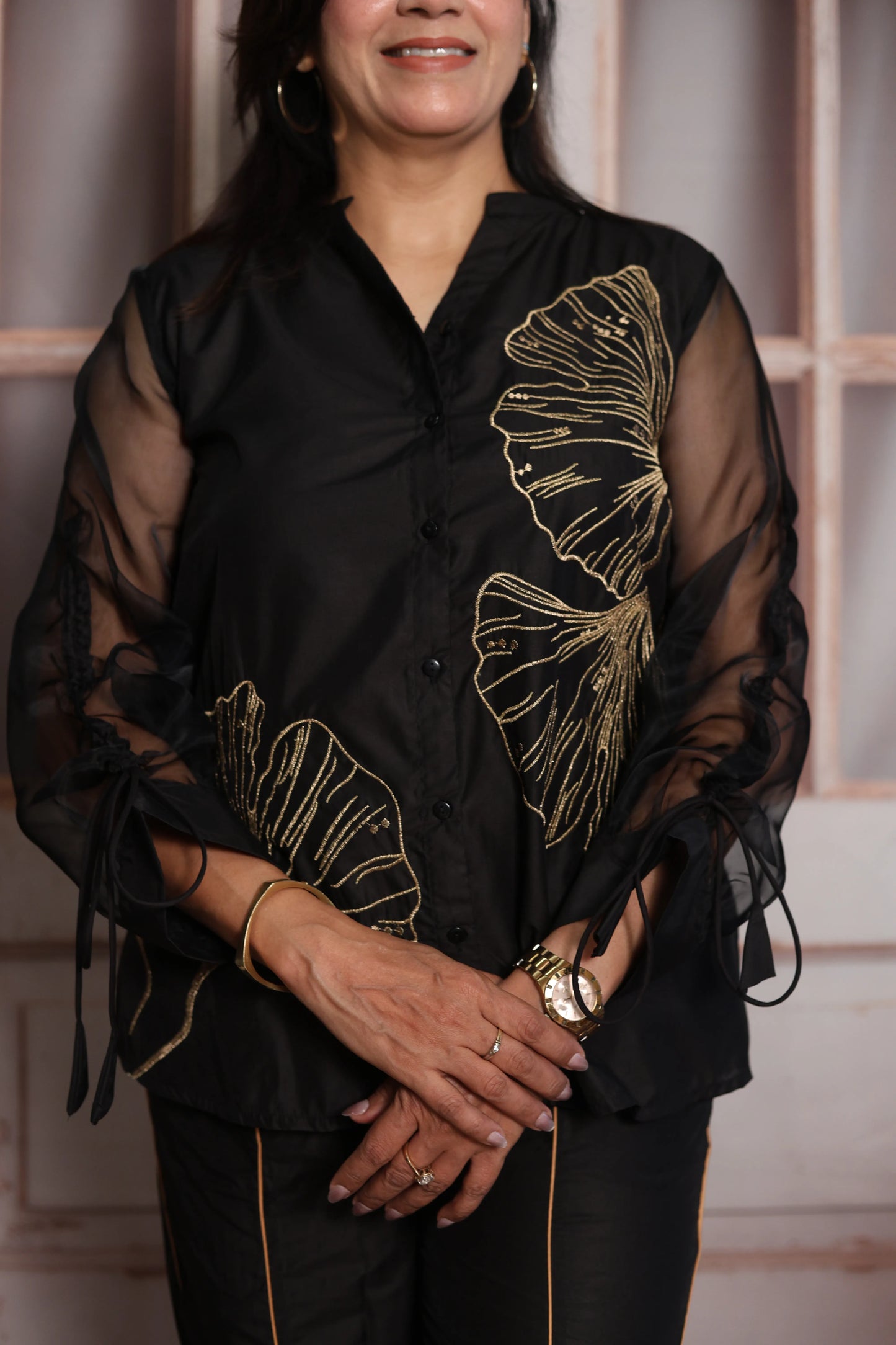 Black Muslin Co-ord Set | Organza Sleeves & Floral Thread Embroidery