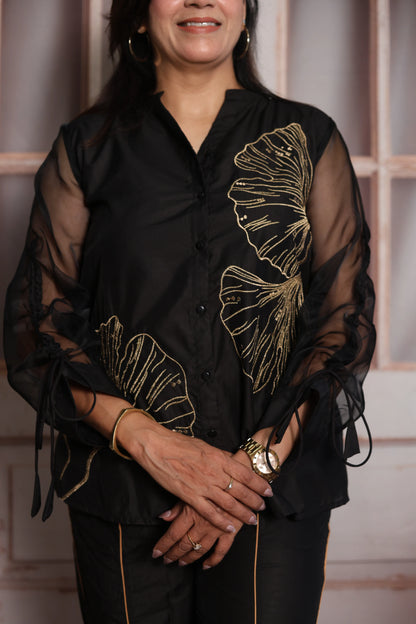 Black Muslin Co-ord Set | Organza Sleeves & Floral Thread Embroidery