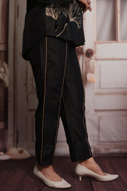 Black Muslin Co-ord Set | Organza Sleeves & Floral Thread Embroidery