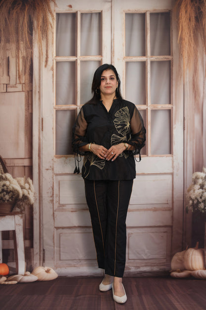 Black Muslin Co-ord Set | Organza Sleeves & Floral Thread Embroidery