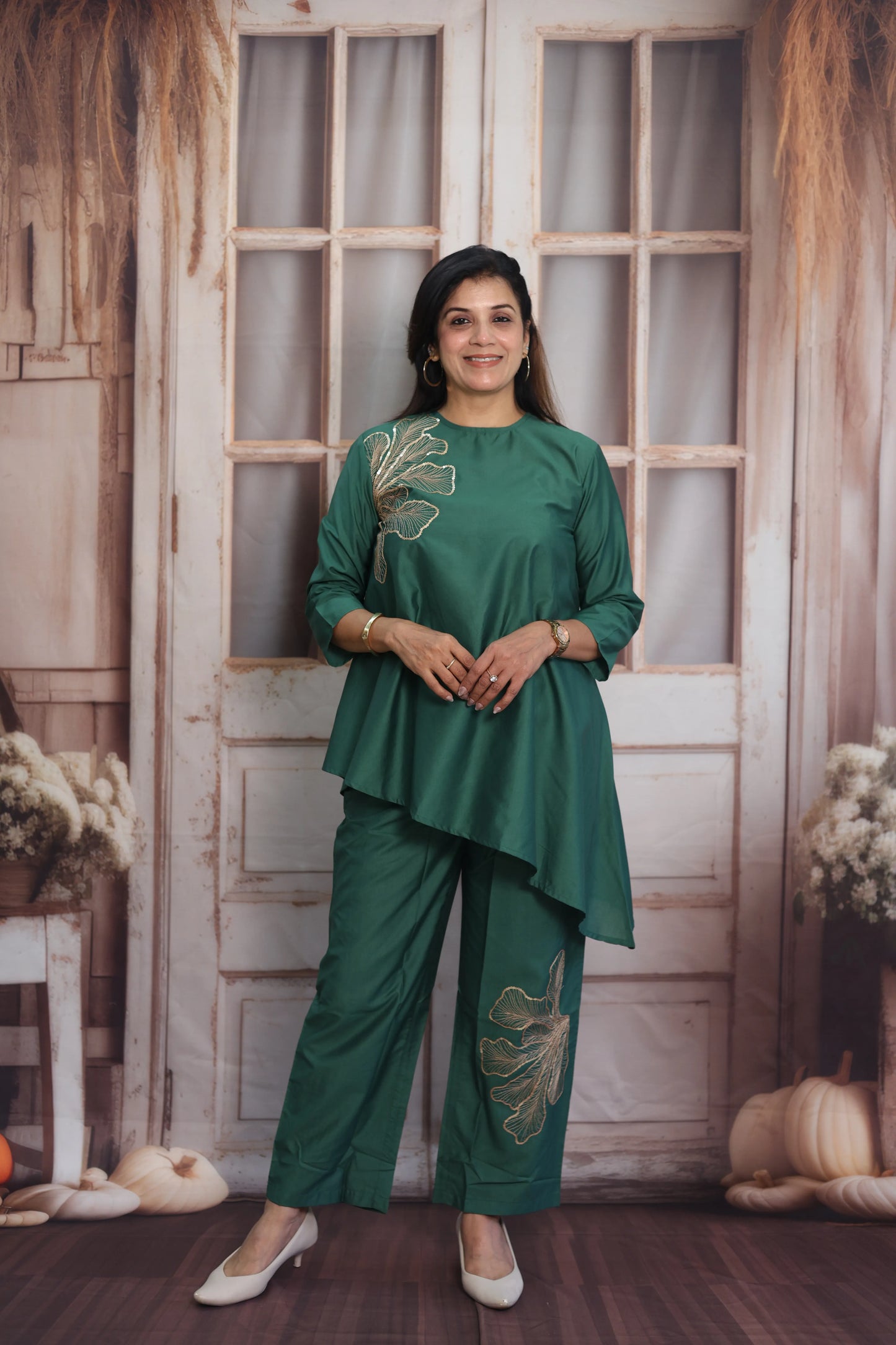 Shamrock Green Muslin Co-ord Set | Cross-Cut Kurti Pant