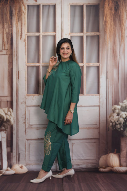 Shamrock Green Muslin Co-ord Set | Cross-Cut Kurti Pant
