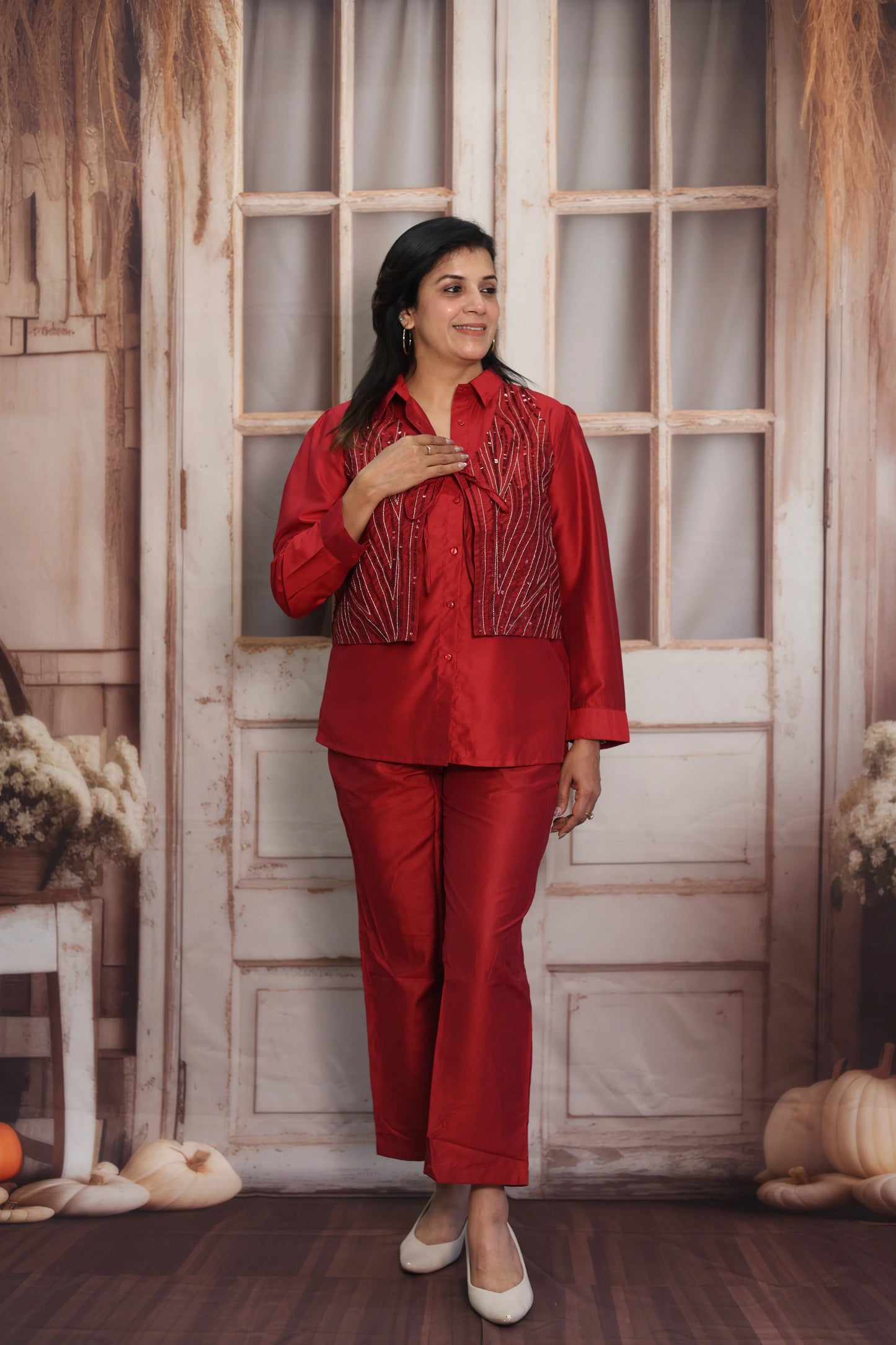Reddish Maroon Muslin Silk Co-ord Set | Shirt with Koti & Sequins Embroidery