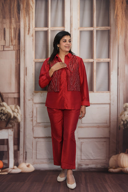 Reddish Maroon Muslin Silk Co-ord Set | Shirt with Koti & Sequins Embroidery