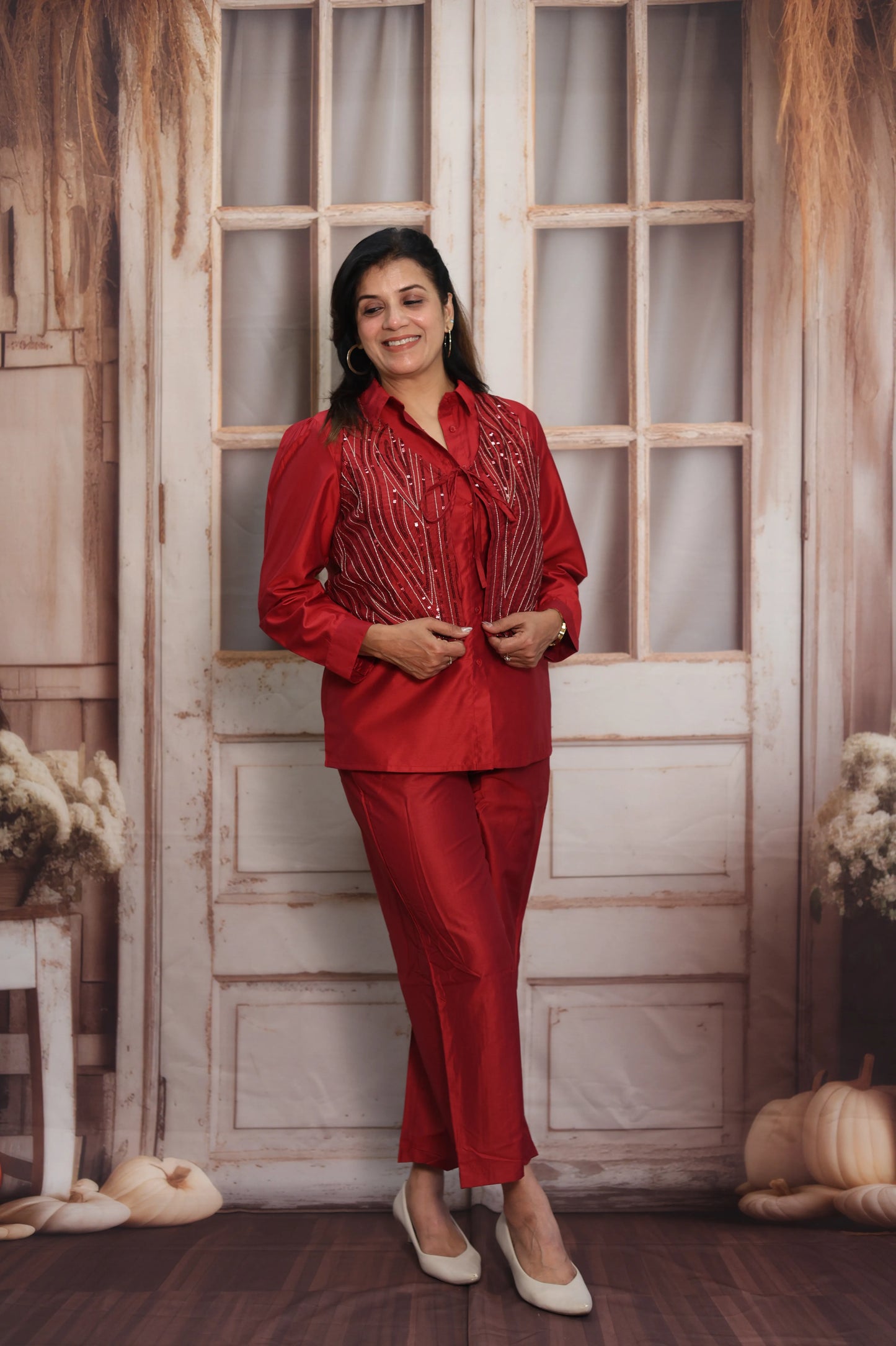 Reddish Maroon Muslin Silk Co-ord Set | Shirt with Koti & Sequins Embroidery