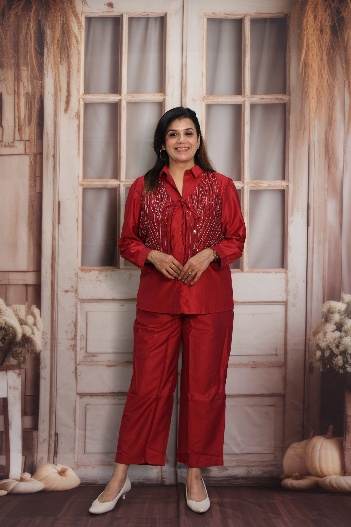 Reddish Maroon Muslin Silk Co-ord Set | Shirt with Koti & Sequins Embroidery