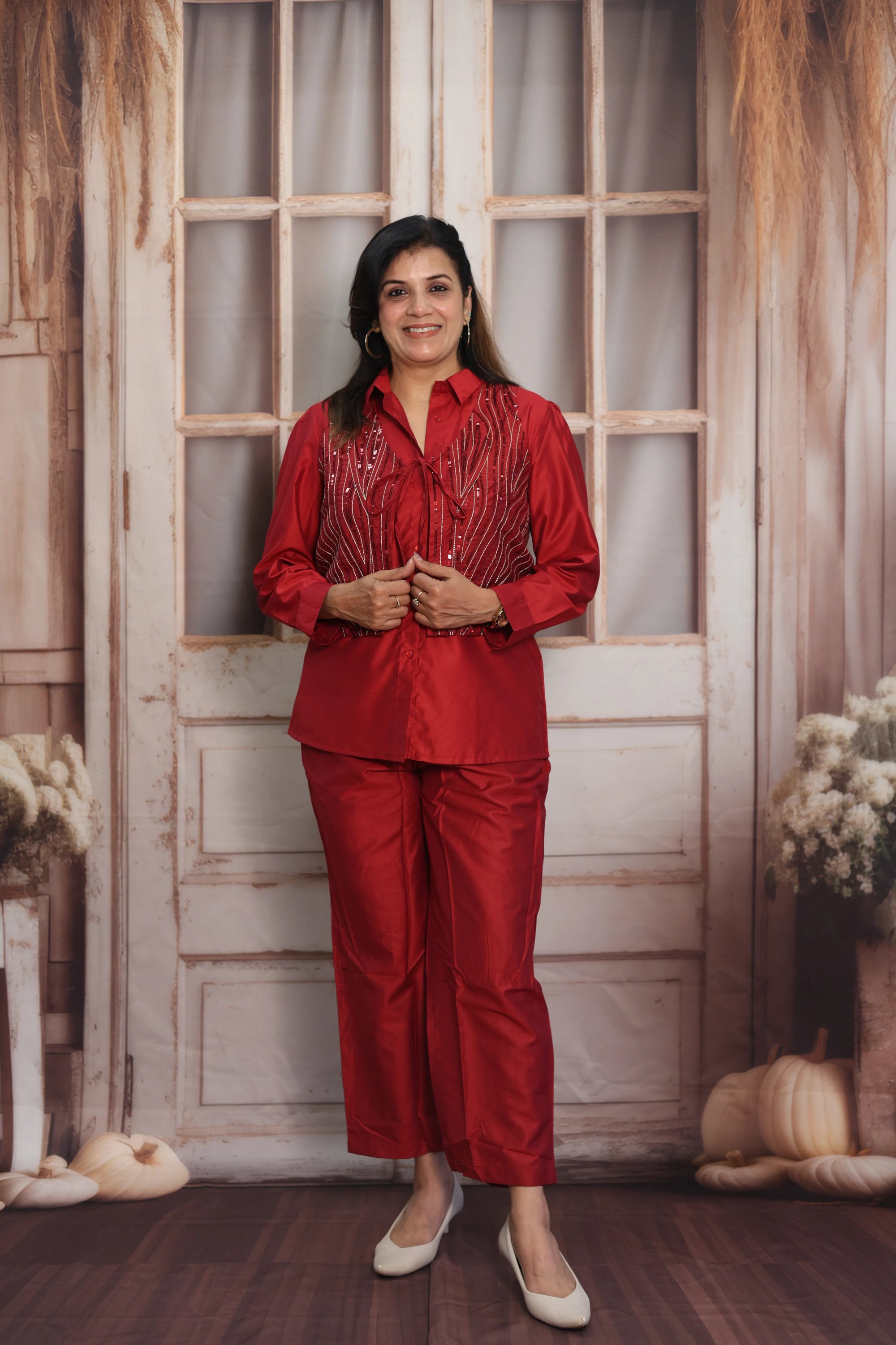 Reddish Maroon Muslin Silk Co-ord Set | Shirt with Koti & Sequins Embroidery