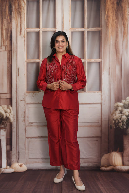 Reddish Maroon Muslin Silk Co-ord Set | Shirt with Koti & Sequins Embroidery