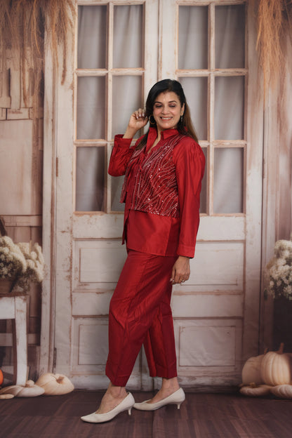 Reddish Maroon Muslin Silk Co-ord Set | Shirt with Koti & Sequins Embroidery