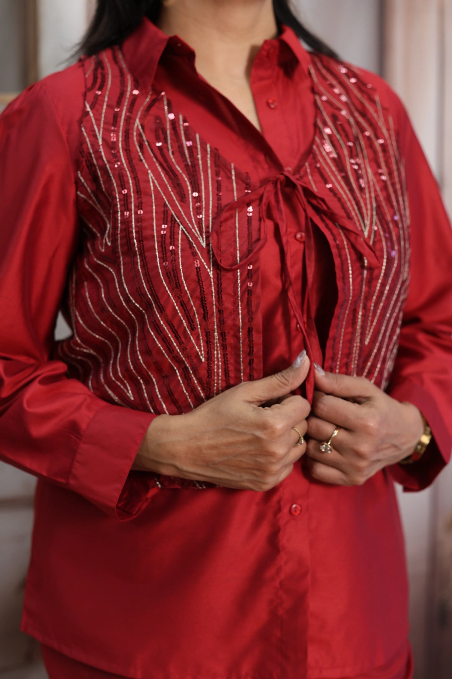 Reddish Maroon Muslin Silk Co-ord Set | Shirt with Koti & Sequins Embroidery