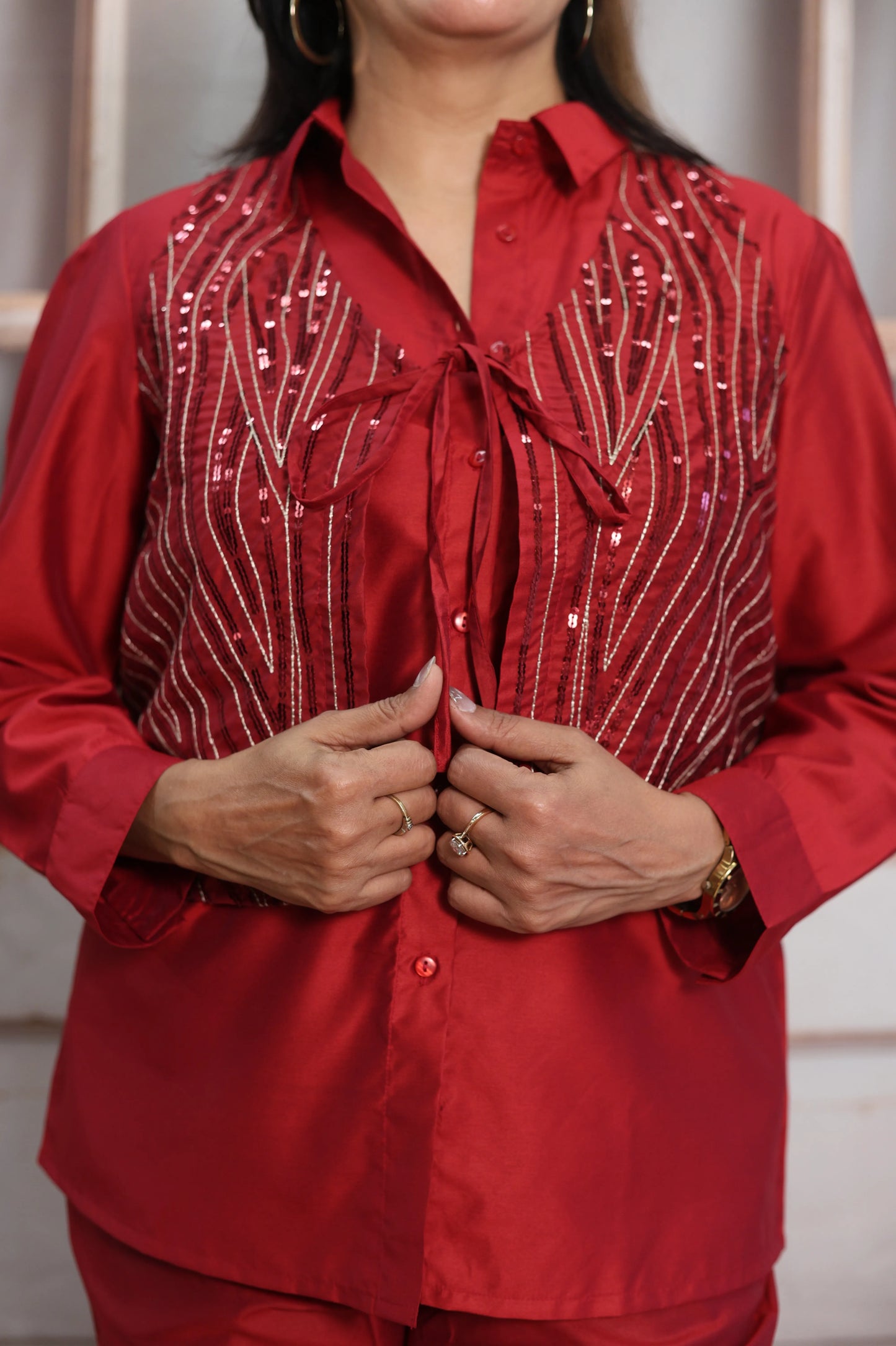 Reddish Maroon Muslin Silk Co-ord Set | Shirt with Koti & Sequins Embroidery