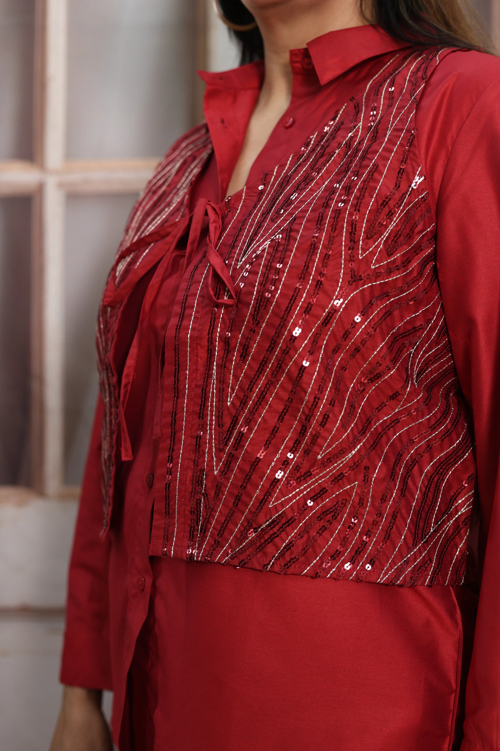 Reddish Maroon Muslin Silk Co-ord Set | Shirt with Koti & Sequins Embroidery