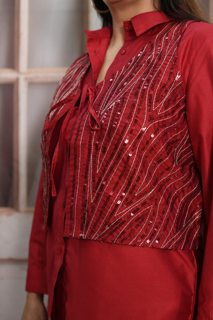Reddish Maroon Muslin Silk Co-ord Set | Shirt with Koti & Sequins Embroidery