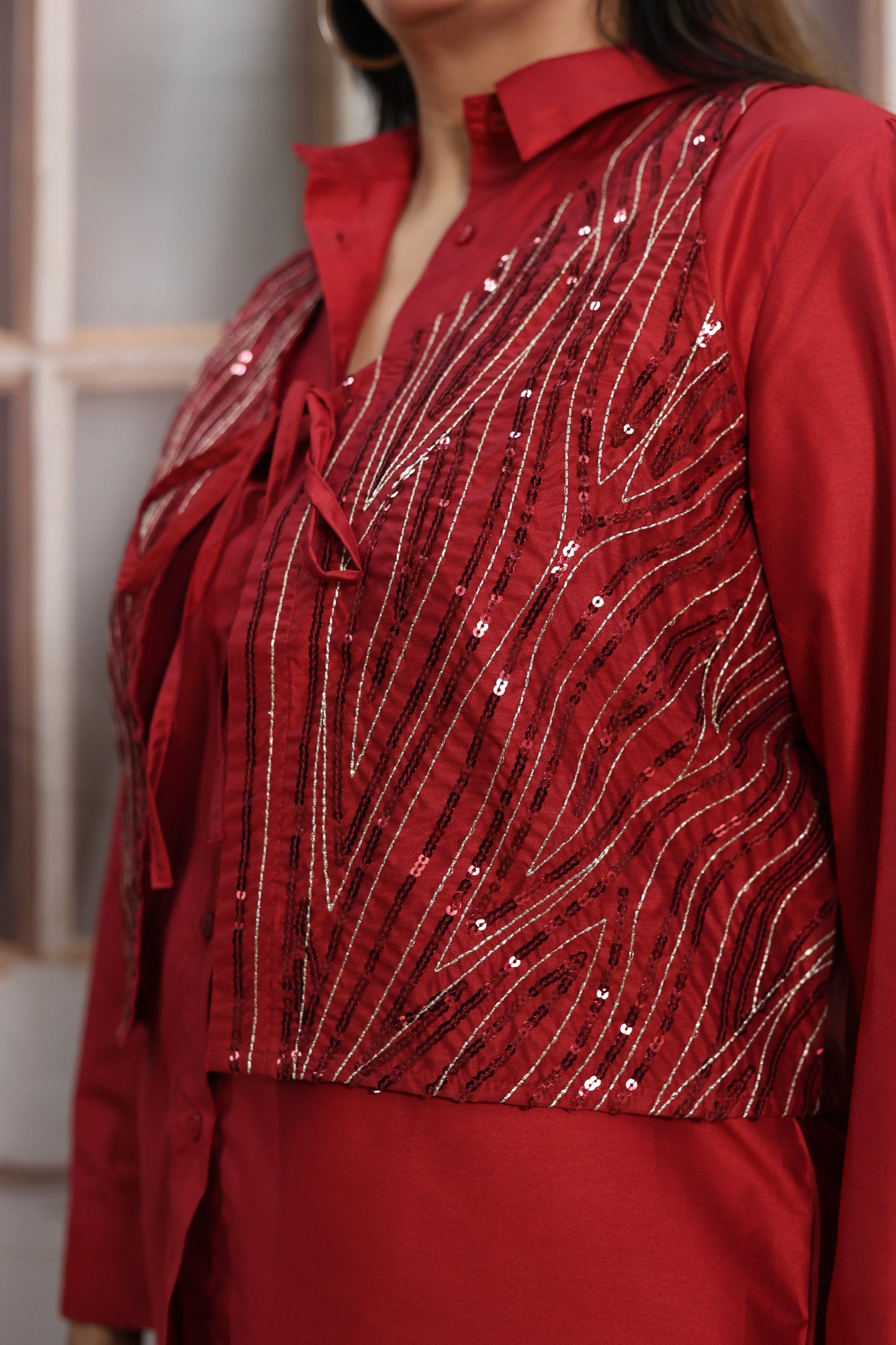 Reddish Maroon Muslin Silk Co-ord Set | Shirt with Koti & Sequins Embroidery