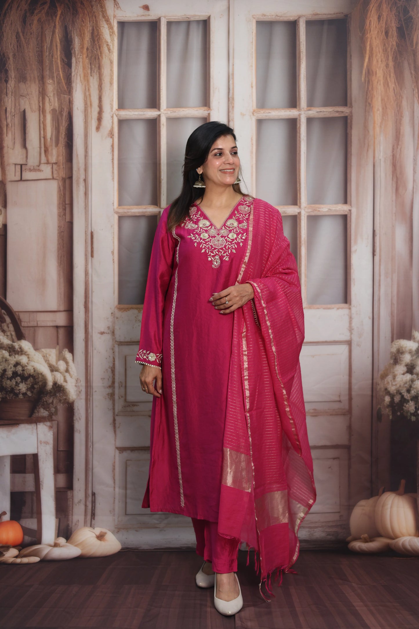 Magenta Pink Silk Kurta Dupatta Set | Zardozi & Sequin Embroidery Work