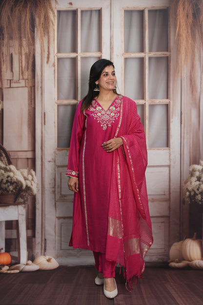 Magenta Pink Silk Kurta Dupatta Set | Zardozi & Sequin Embroidery Work