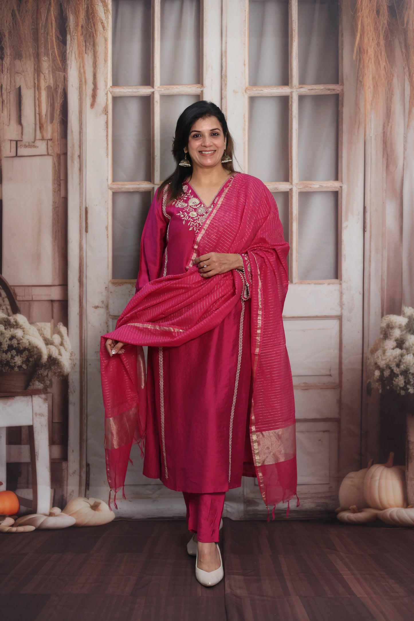 Magenta Pink Silk Kurta Dupatta Set | Zardozi & Sequin Embroidery Work