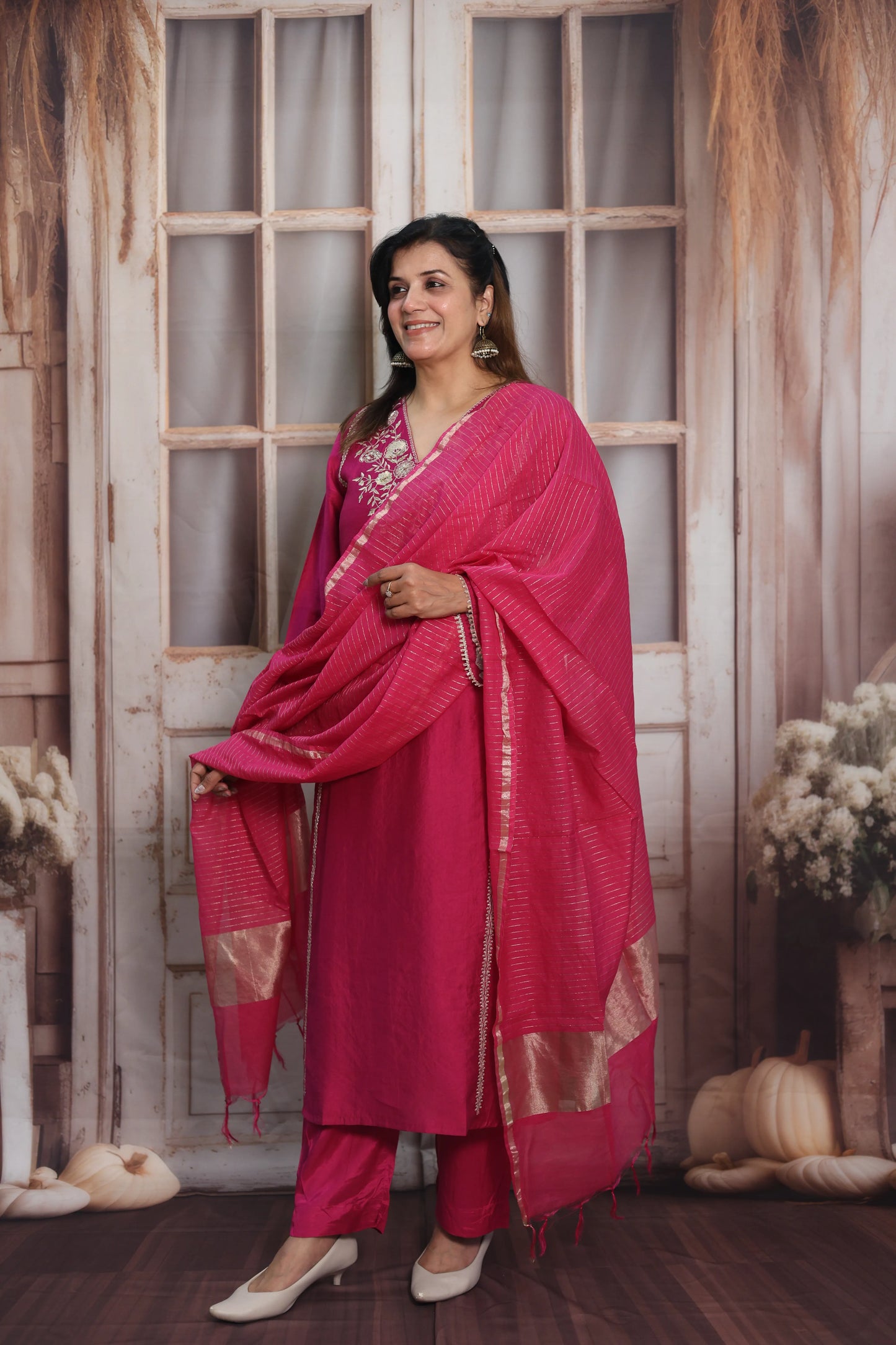 Magenta Pink Silk Kurta Dupatta Set | Zardozi & Sequin Embroidery Work