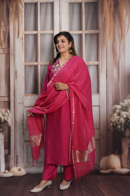Magenta Pink Silk Kurta Dupatta Set | Zardozi & Sequin Embroidery Work