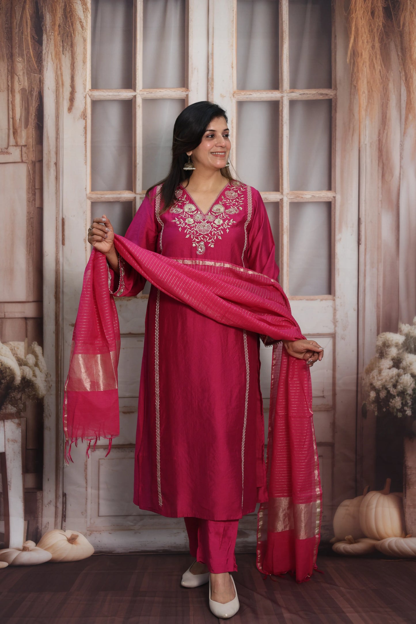 Magenta Pink Silk Kurta Dupatta Set | Zardozi & Sequin Embroidery Work