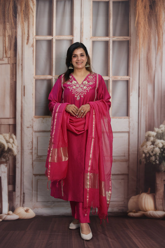 Magenta Pink Silk Kurta Dupatta Set | Zardozi & Sequin Embroidery Work