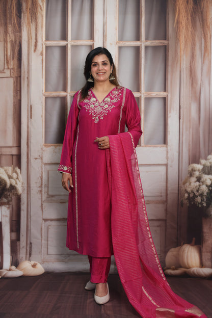 Magenta Pink Silk Kurta Dupatta Set | Zardozi & Sequin Embroidery Work