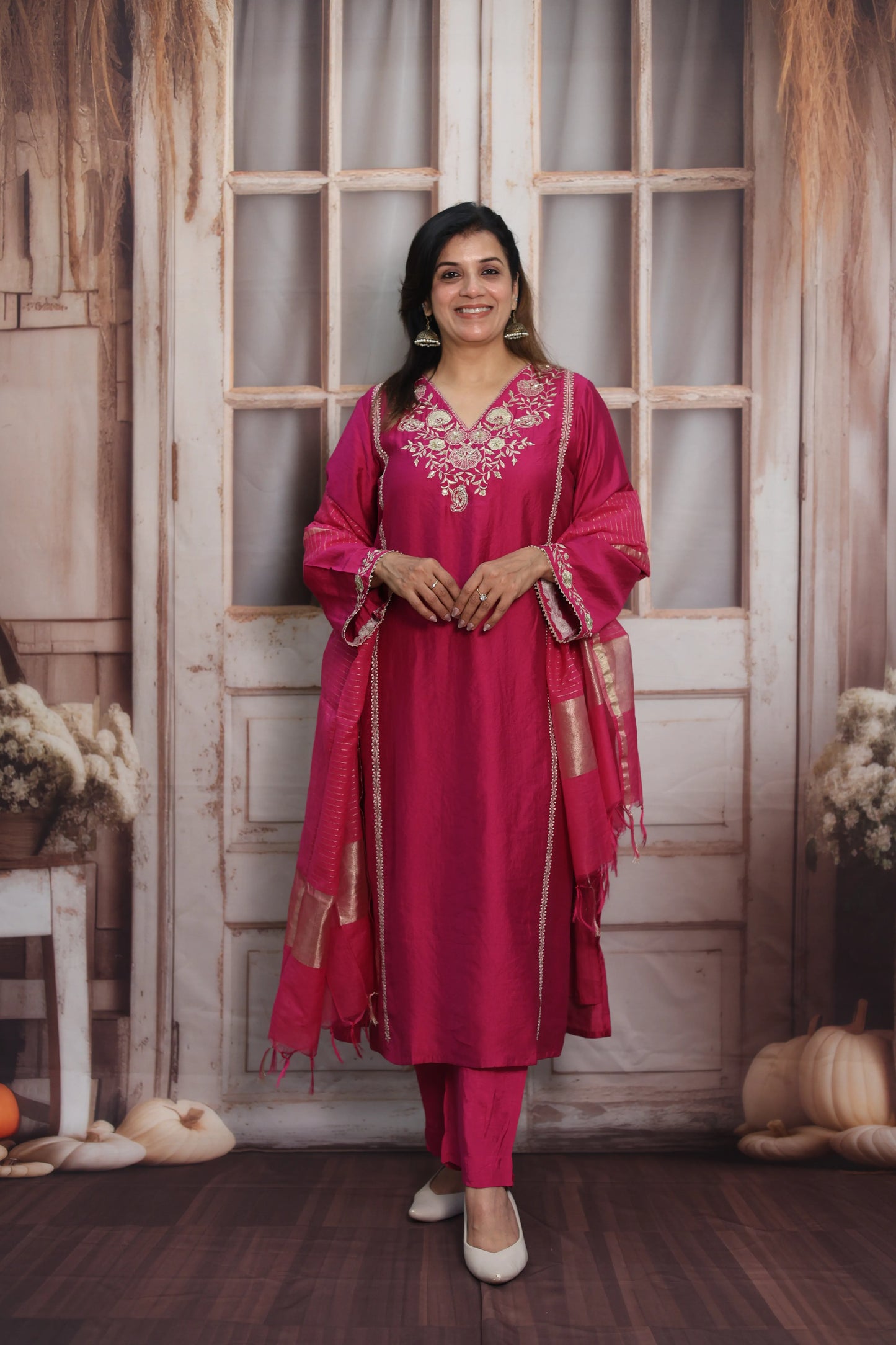 Magenta Pink Silk Kurta Dupatta Set | Zardozi & Sequin Embroidery Work