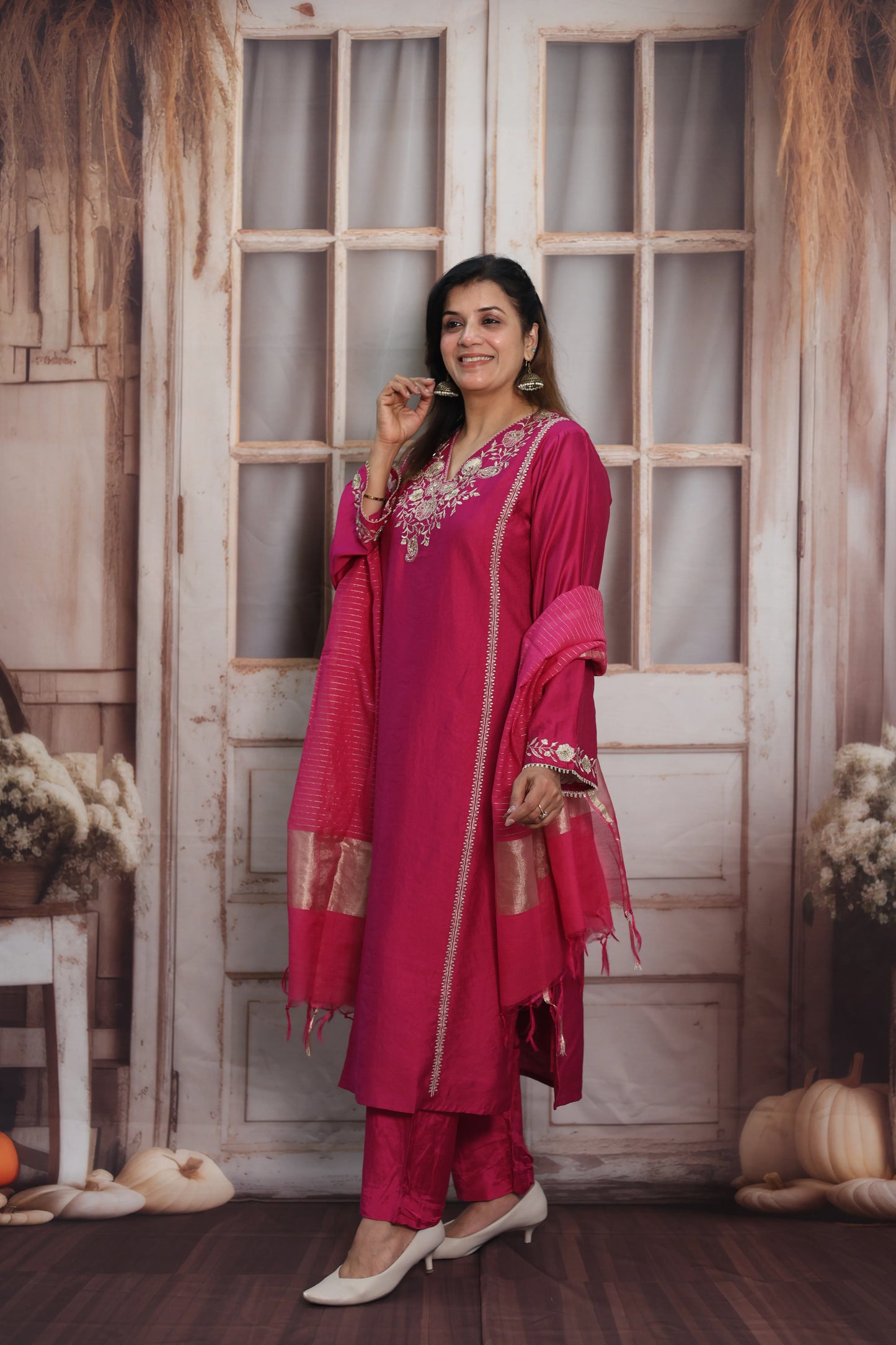 Magenta Pink Silk Kurta Dupatta Set | Zardozi & Sequin Embroidery Work