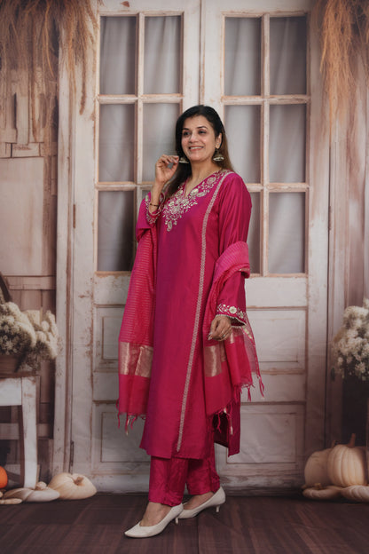 Magenta Pink Silk Kurta Dupatta Set | Zardozi & Sequin Embroidery Work