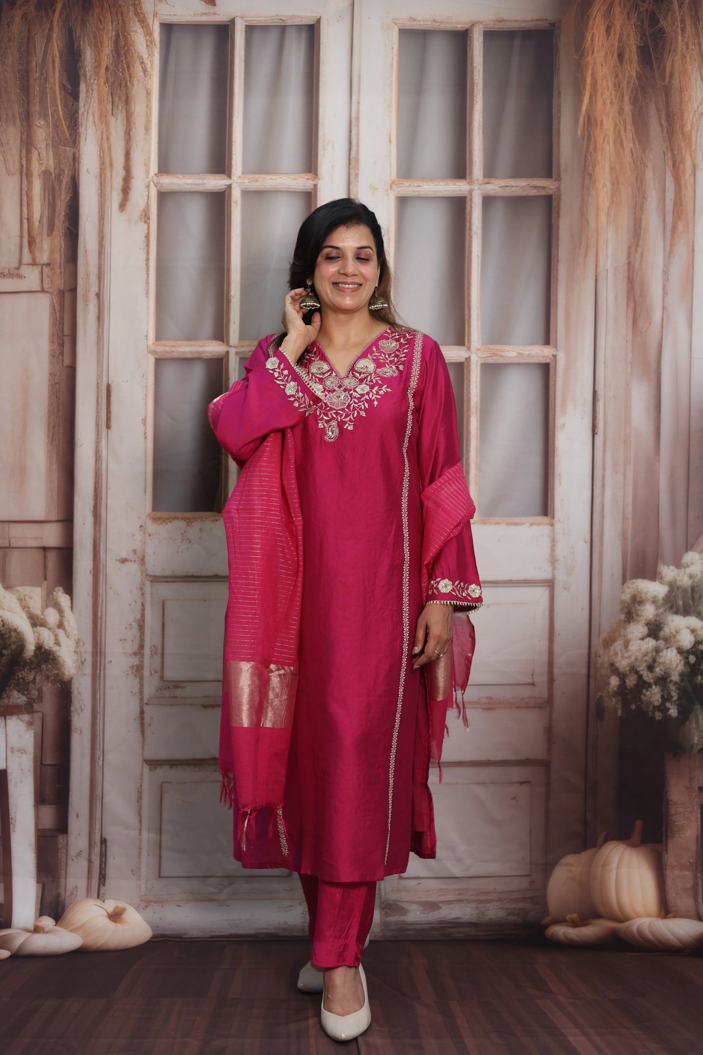 Magenta Pink Silk Kurta Dupatta Set | Zardozi & Sequin Embroidery Work